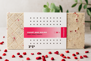 Bílá čokoláda 38% s jogurtem, mákem a malinamí - Forra