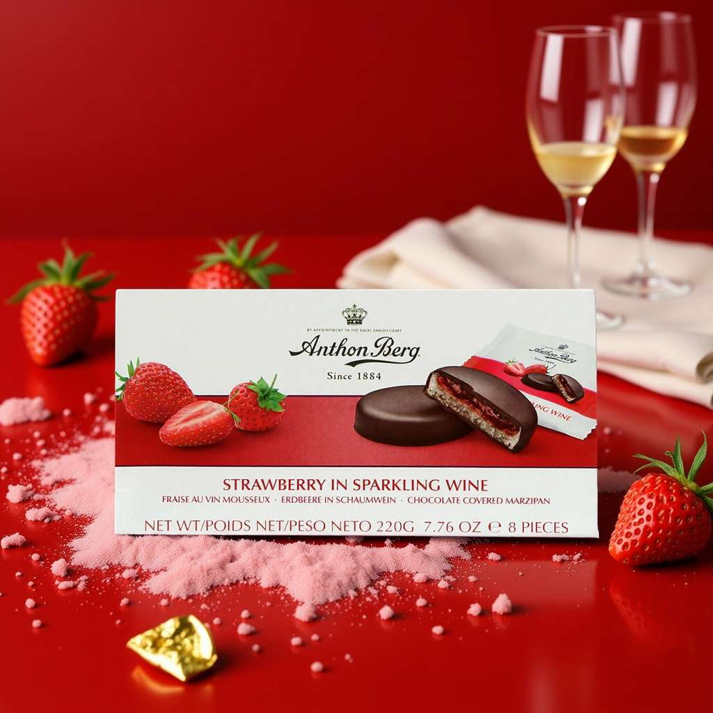 Marcipán v čokoládě - jahody v šumivém víně - Anthon Berg