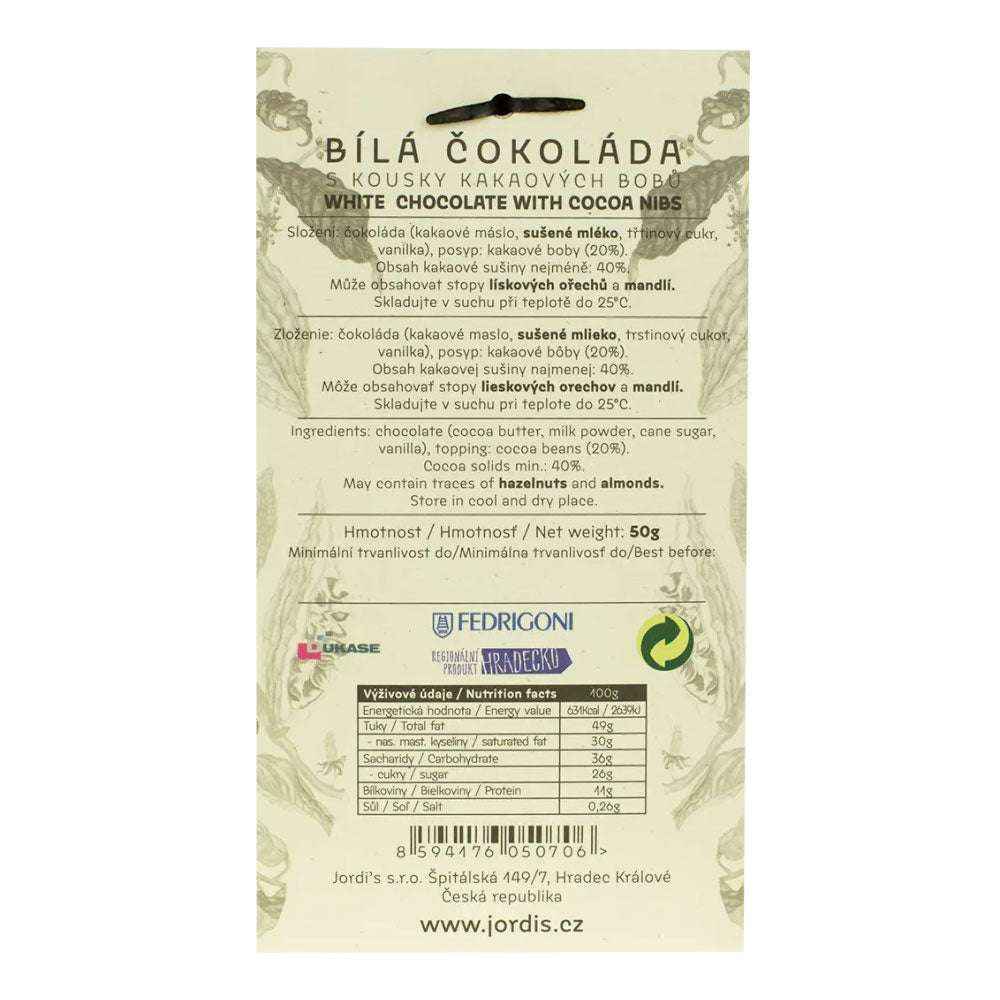 Bílá čokoláda 40% s kousky kakaových bobů POP - Jordis