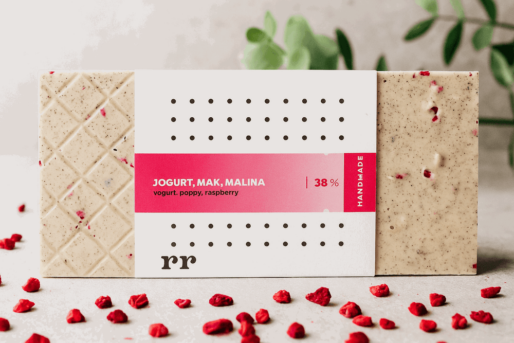 Bílá čokoláda 38% s jogurtem, mákem a malinami - Forra