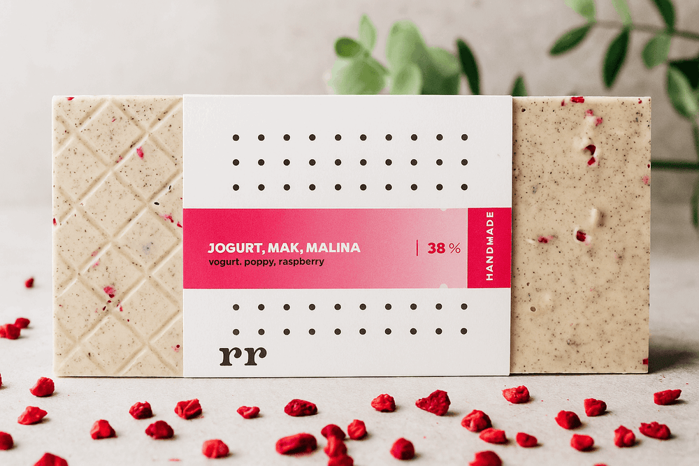 Bílá čokoláda 38% s jogurtem, mákem a malinamí - Forra