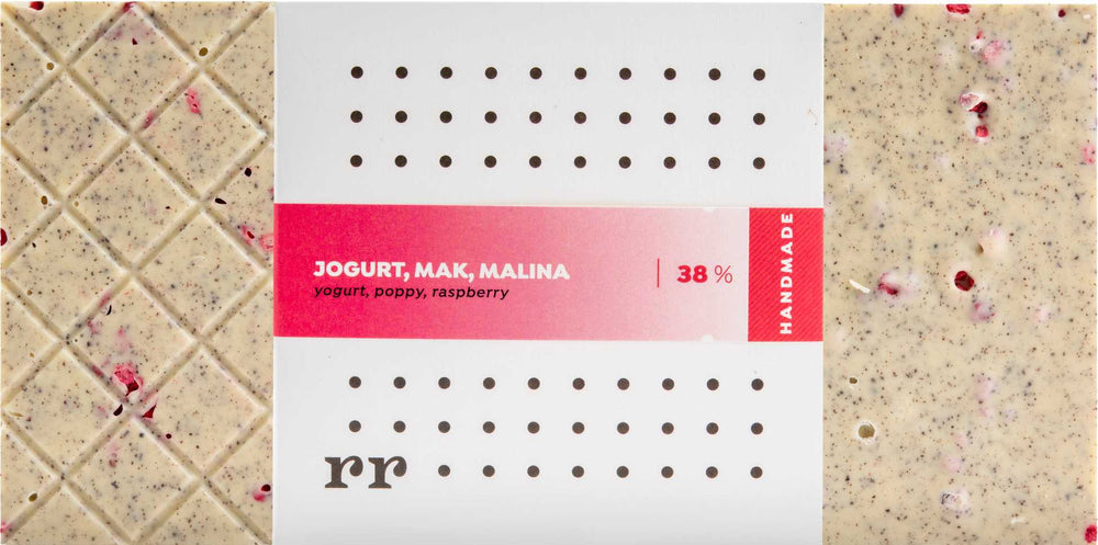 Bílá čokoláda 38% s jogurtem, mákem a malinamí - Forra