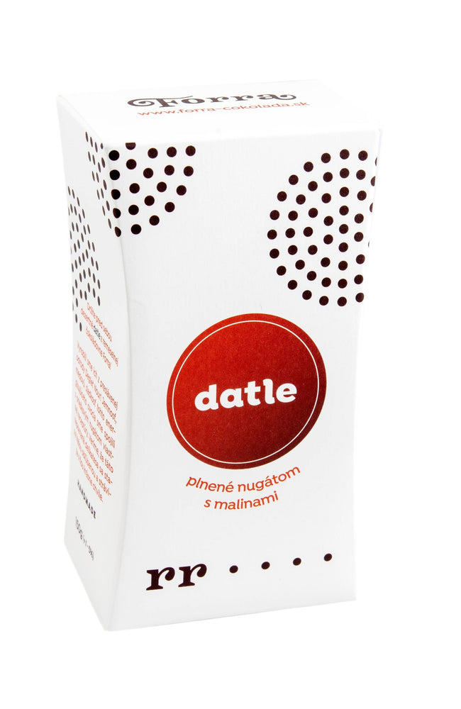 Datle v mléčné 35% a hořké čokoládě 61% plněné nugátem s malinami - Forra