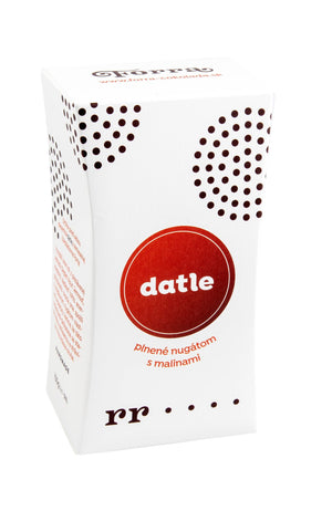 Datle v mléčné 35% a hořké čokoládě 61% plněné nugátem s malinami - Forra