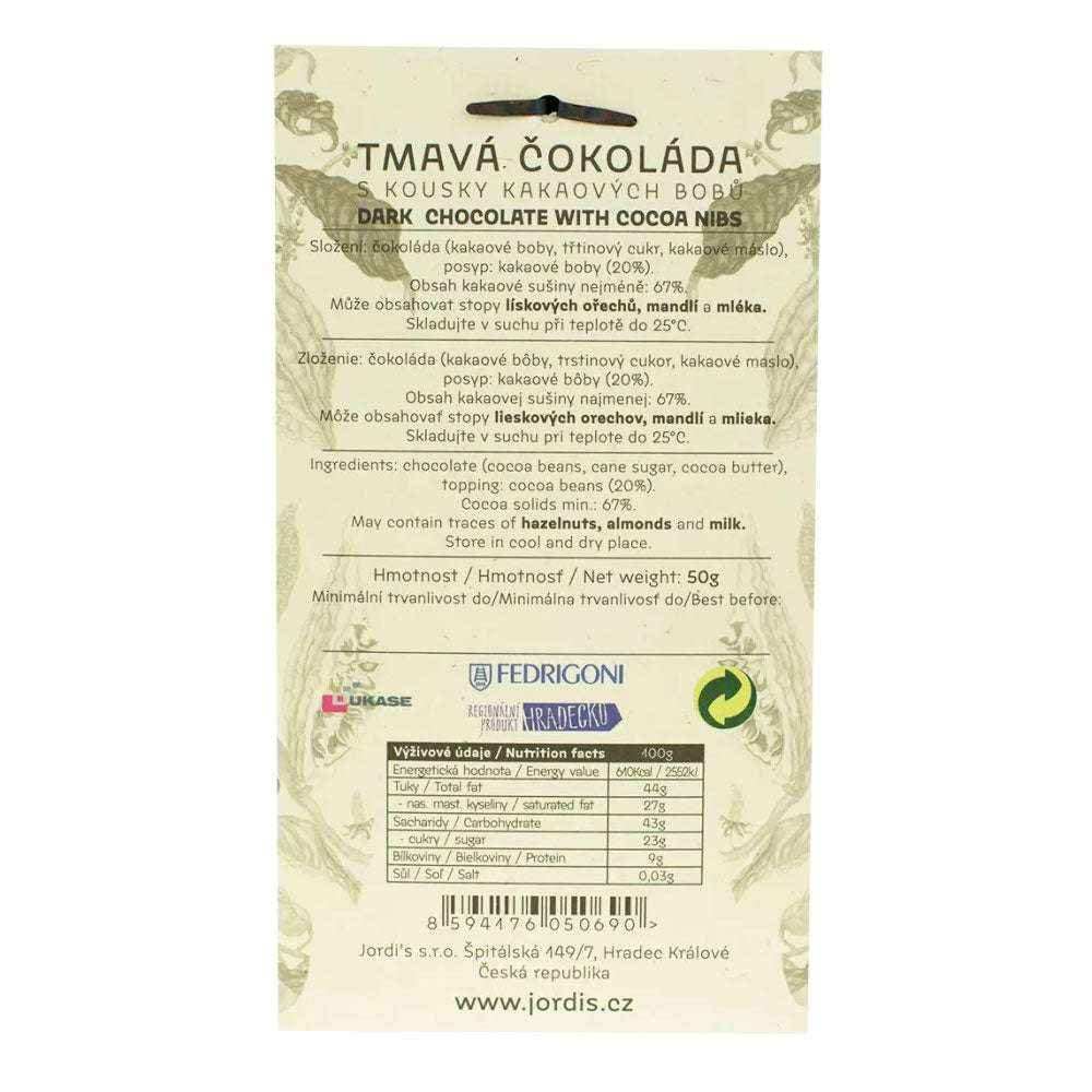 Hořká čokoláda 67% s kousky bobů TOP - Jordis