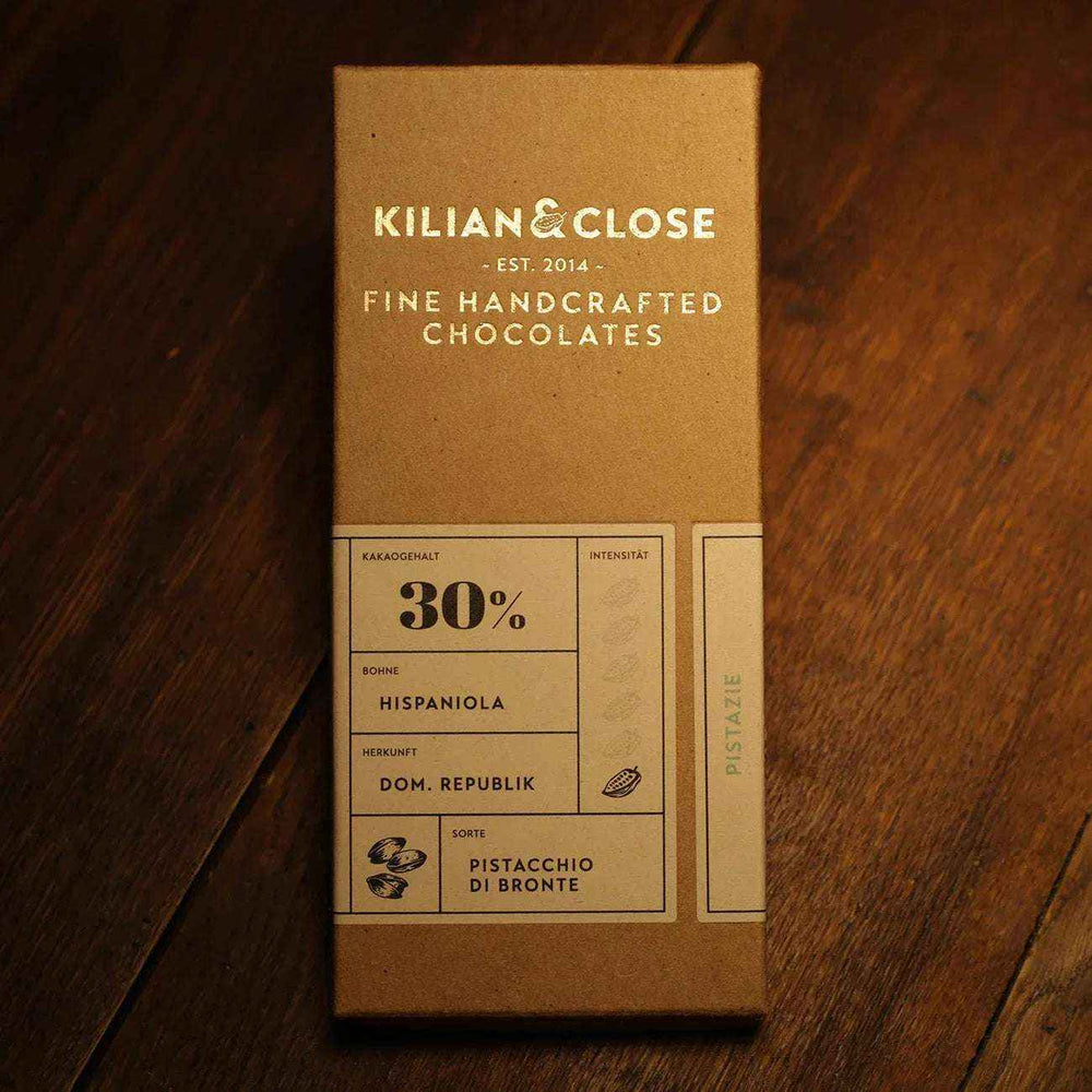 Bílá čokoláda 30% s pistáciemi z Bronte BIO - Kilian & Close