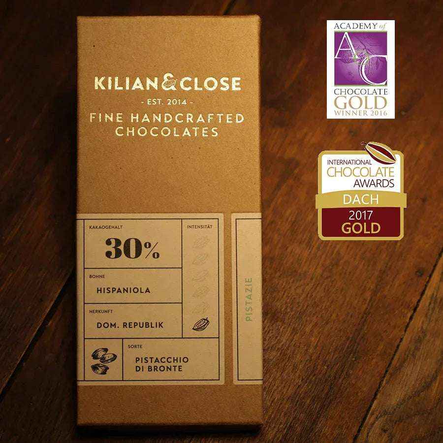 Bílá čokoláda 30% s pistáciemi z Bronte BIO - Kilian & Close