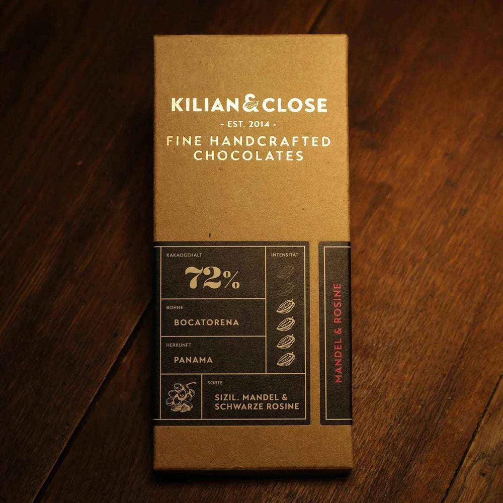 Hořká čokoláda 72% s rozinkami a mandlemi BIO - Kilian & Close