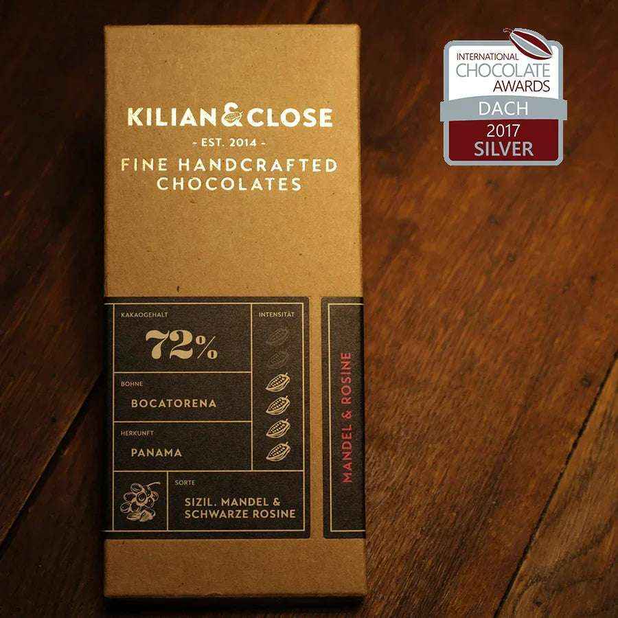 Hořká čokoláda 72% s rozinkami a mandlemi BIO - Kilian & Close
