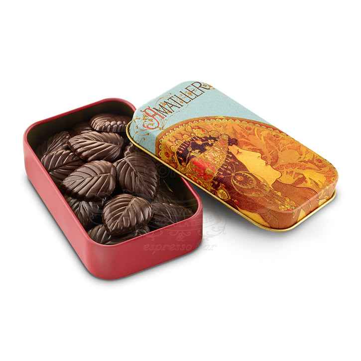 Lístečky z hořké čokolády v plechové krabičce - Amatller