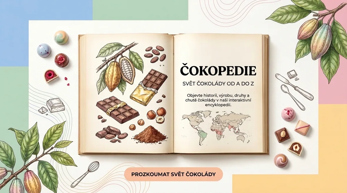 Otevřená ilustrovaná kniha Čokopedie obklopená kakaovými plody, čokoládou a pralinkami