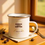 Bílý hrnček s nápisem Choco Loves Coffee a zlatým okrajem na dřevěném stole.