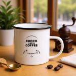 Bílý hrnek s černým okrajem a nápisem Choco Loves Coffee na dřevěném stole.