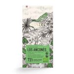 Obal čokolády Cluizel Los Ancones 73% s ilustracemi kakaových bobů a palmami.