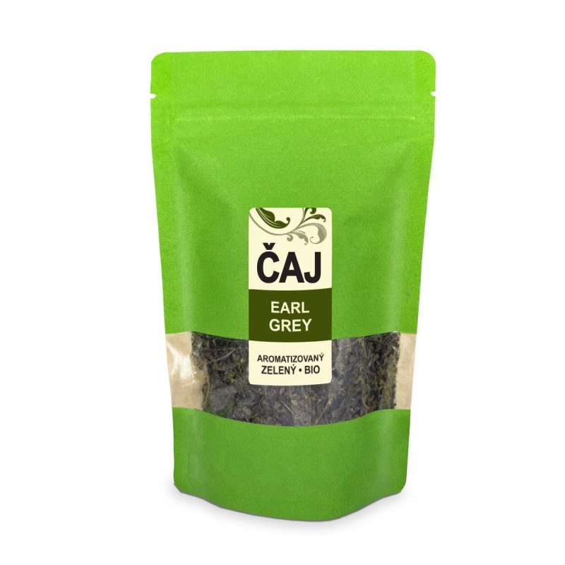 Zelený čaj Earl Grey v ekologickém obalu s jasně zeleným designem.