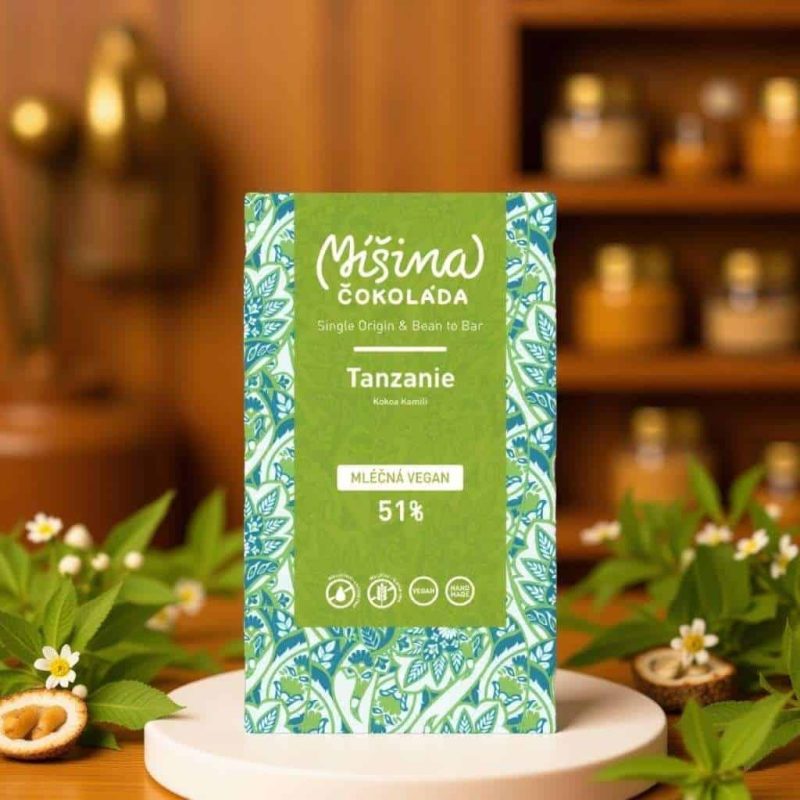 Míšina čokoláda, vysokoprocentní mléčná čokoláda 51% Tanzanie. Ruční výroba, vegan.