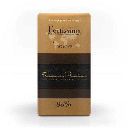 Tabulka čokolády Fortissima 80% od značky François Pralus s jednoduchým designem.