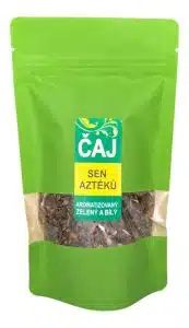 Sen Aztéků zelený a bílý čaj v zeleném obalu.