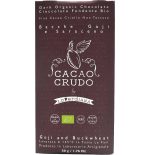 Obal tmavé organické čokolády Cacao Crudo od Loverdiana s goji a pohankou.