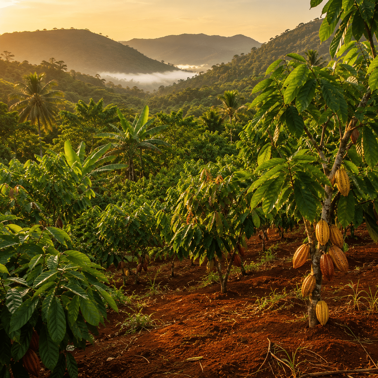 Kakaová plantáž v oblasti Sambirano na Madagaskaru — zelené kakaovníky se zralými lusky v tropickém údolí