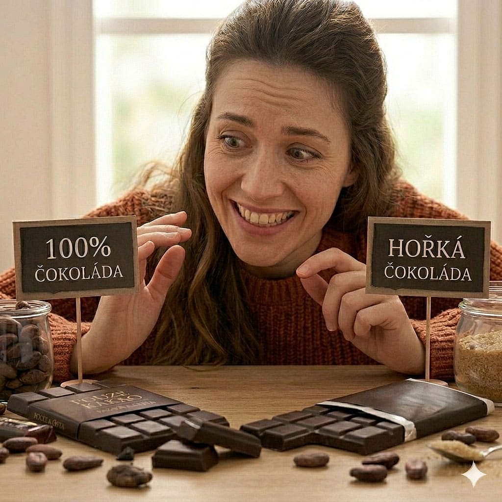 Žena porovnává 100% a hořkou čokoládu