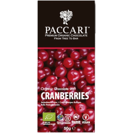 Balení hořké čokolády Paccari 60 % s brusinkami BIO.