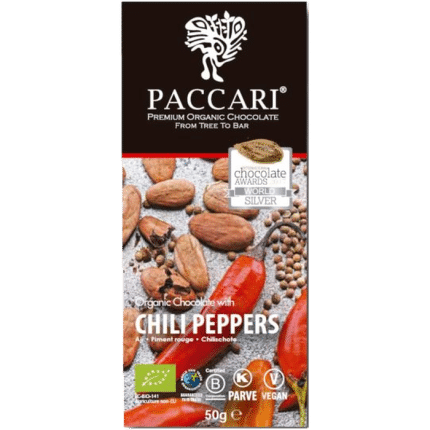 Balení hořké čokolády Paccari 60 % s chilli BIO.