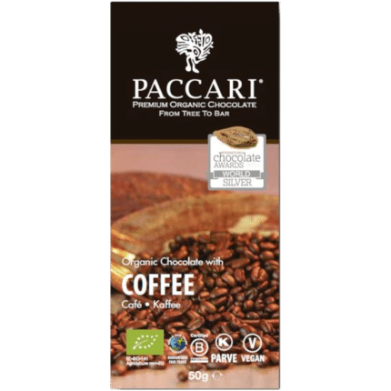 Balení hořké čokolády Paccari 60 % s kávou BIO.