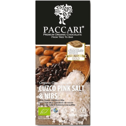 Balení hořké čokolády Paccari 60 % s růžovou solí Cuzco & kakaovými boby BIO.