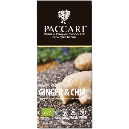 Balení hořké čokolády Paccari 60 % se zázvorem & chia BIO.
