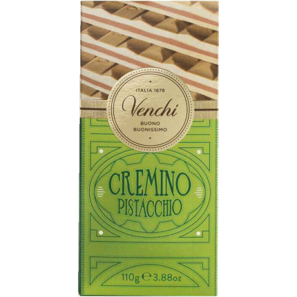 Balení nugátové čokolády Venchi Cremino Pistacchio s pistáciemi.