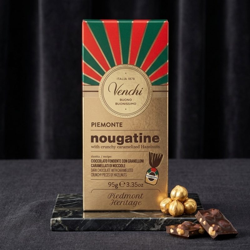 Tabulka čokolády Venchi Nougatine Piemonte na podstavci.
